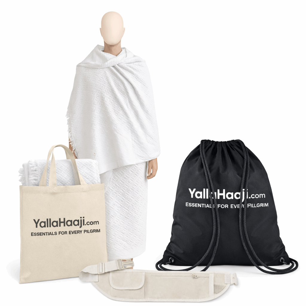 Male Umrah Essentials Bundle – Ihram, Ihram Belt & Drawstring Bag