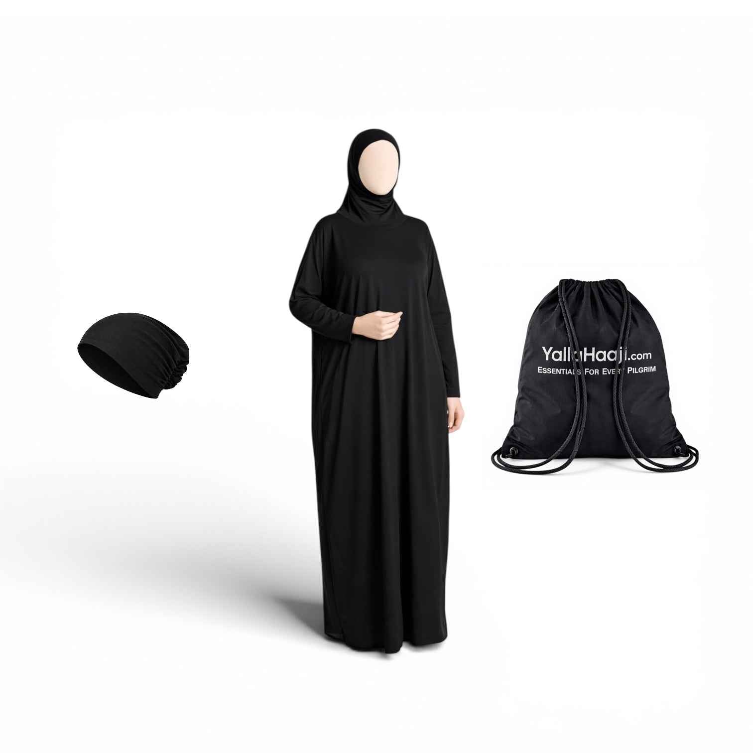 Female Umrah Essentials Bundle – Jersey Abaya, Cap Bonnet & Drawstring Bag